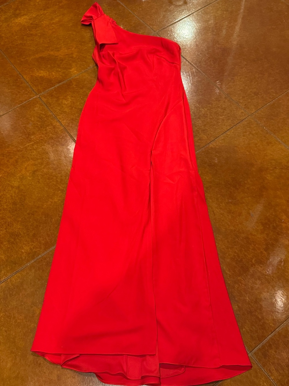Mac Duggal Scarlet One-Shoulder Gown with Rosette and High Slit